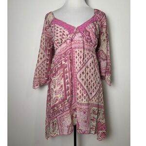 Y2K Babydoll Patchwork Pink Paisley Asymmetric Top Jr XL Boho Fairy Bell Sleeve